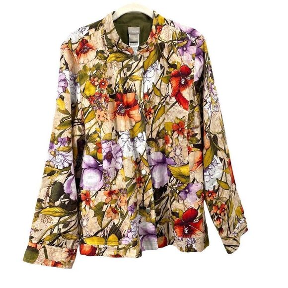 Chico’s Linen Reversible Floral-To-Solid Jacket blazer Size 3 XL boho artsy - Picture 1 of 12